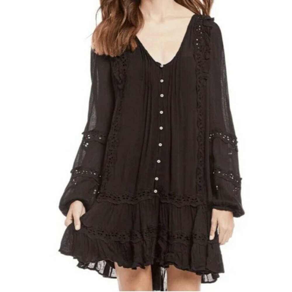 Free People Snow Angel Black Bohemian Women Button Front Mini Fall Dress Size S